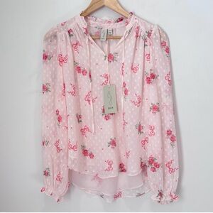 JOIE Petal Pink Floral Bows Burnout Dot Long-Sleeve Chiffon Blouse MEDIUM
